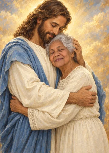 Retrato pintado da mesma senhora em um abraço com Jesus