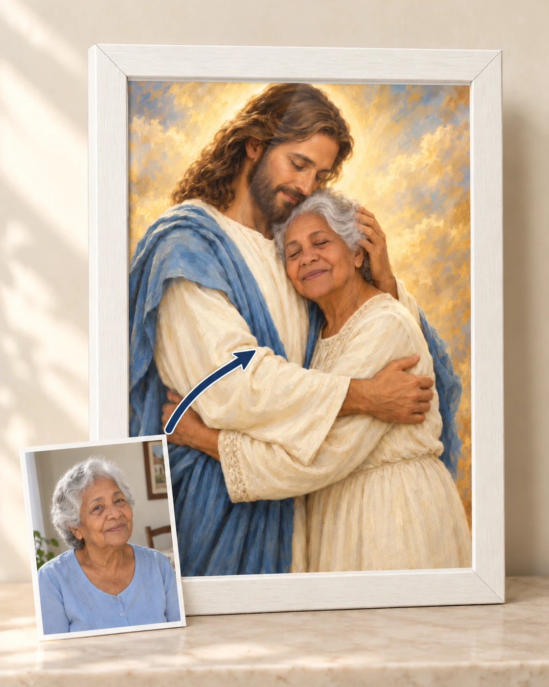 Exemplo de retrato com Jesus em quadro A4, moldura Branca