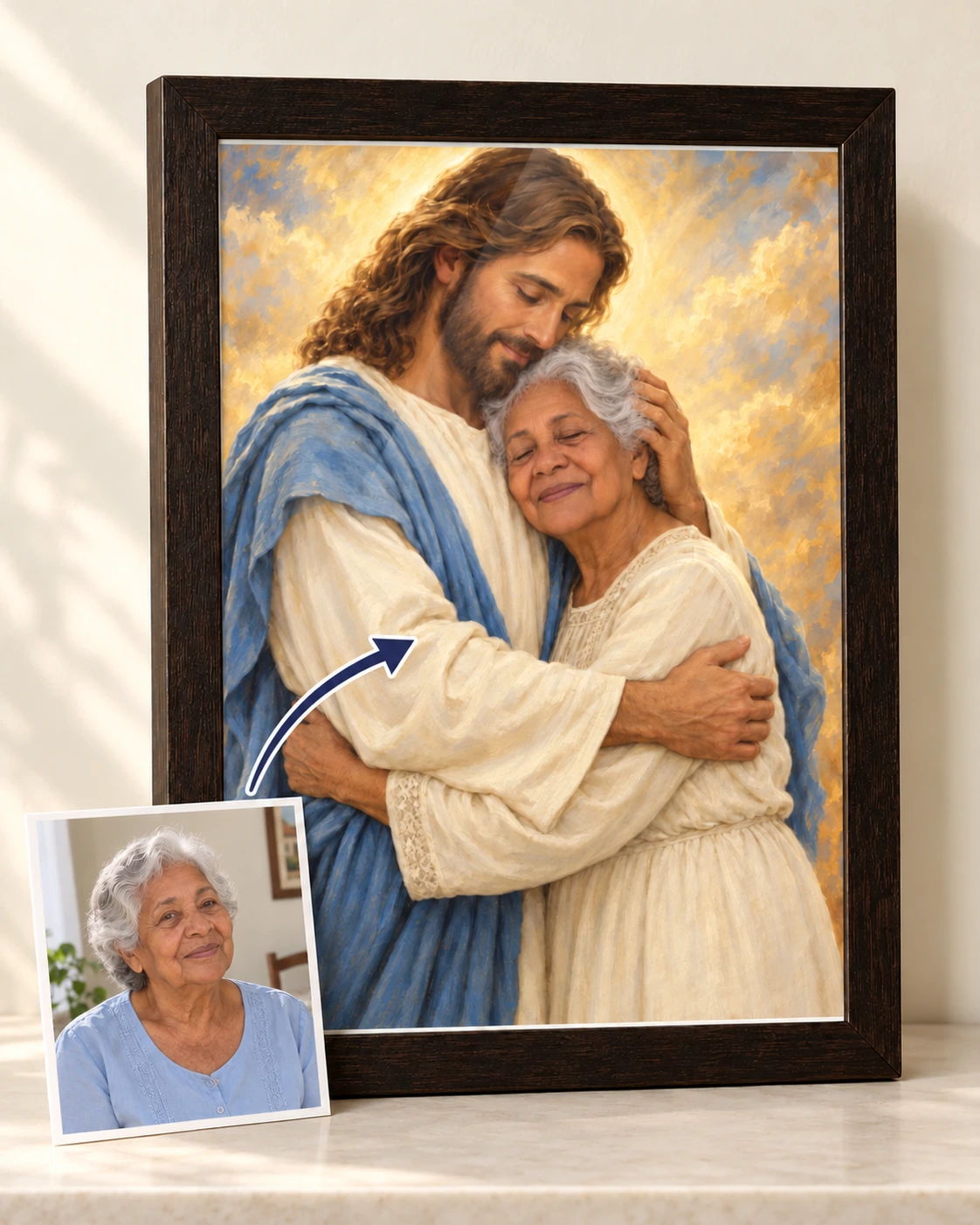Exemplo de retrato com Jesus em quadro A4, moldura Ébano