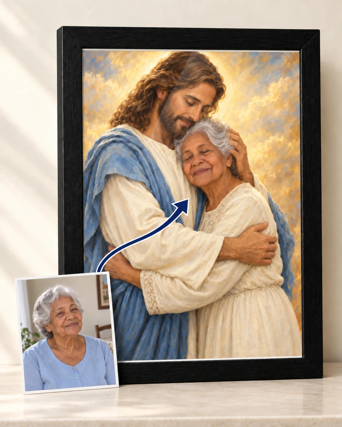 Exemplo de retrato com Jesus em quadro A4, moldura Preta