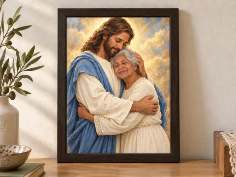 Retrato do abraço impresso em uma moldura de madeira no ambiente