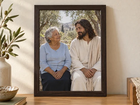 Retrato impresso em uma moldura de madeira no ambiente