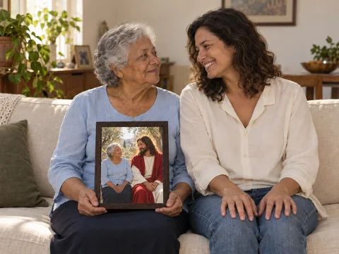 Mãe e filha com um quadro personalizado com Jesus de manto vermelho